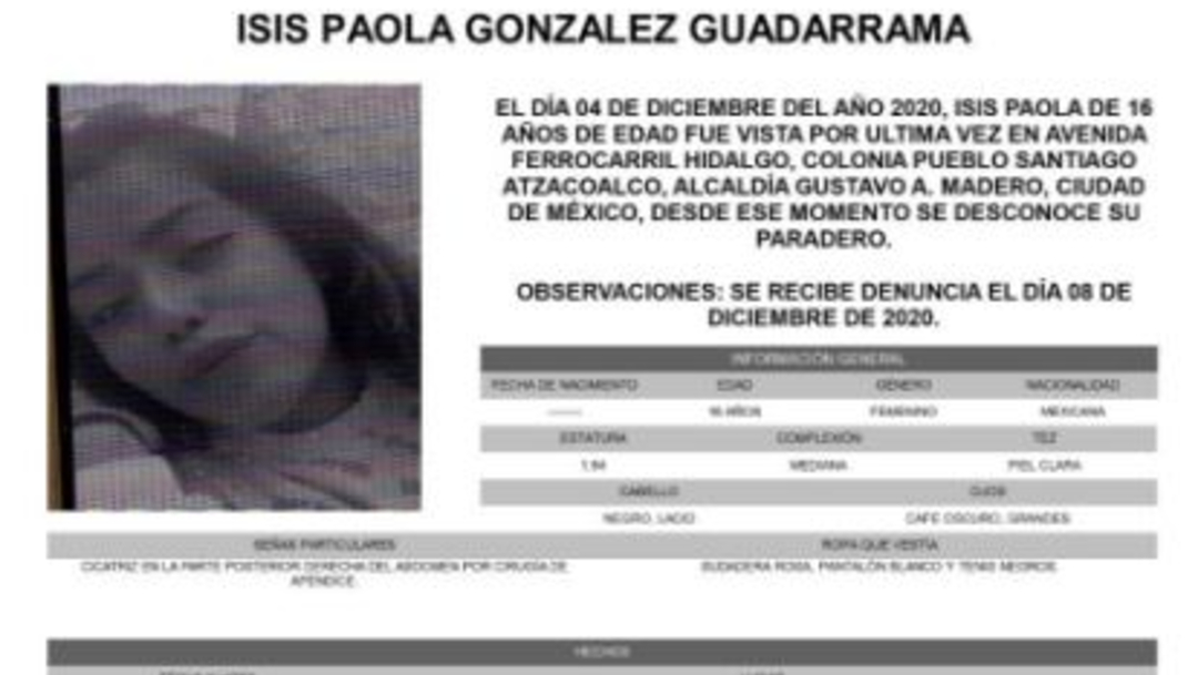 Activan Alerta Amber para localizar a Isis Paola Gonzalez Guadarrama.