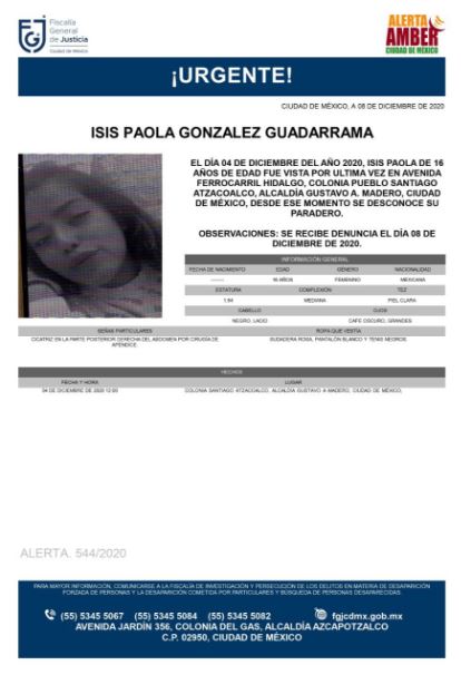 Activan Alerta Amber para localizar a Isis Paola Gonzalez Guadarrama