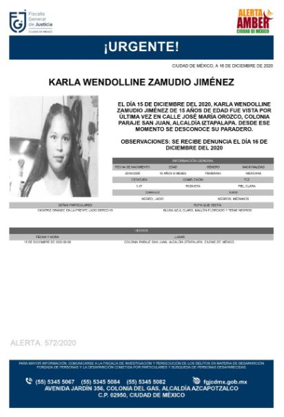 Activan Alerta Amber para localizar a Karla Wendoline Zamudio Jiménez. (Foto: @FiscaliaCDMX)