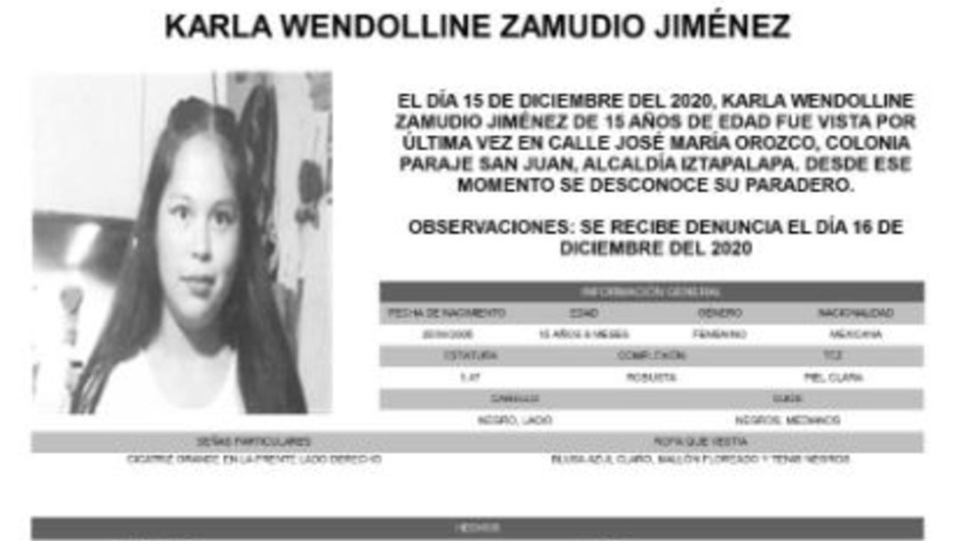 Activan Alerta Amber para localizar a Karla Wendoline Zamudio Jiménez.
