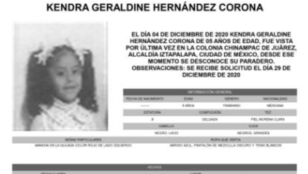 Activan Alerta Amber para localizar a Kendra Geraldine Hernández Corona. (Foto: @FiscaliaCDMX)