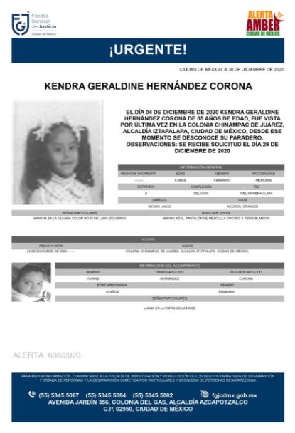 Activan Alerta Amber para localizar a Kendra Geraldine Hernández Corona