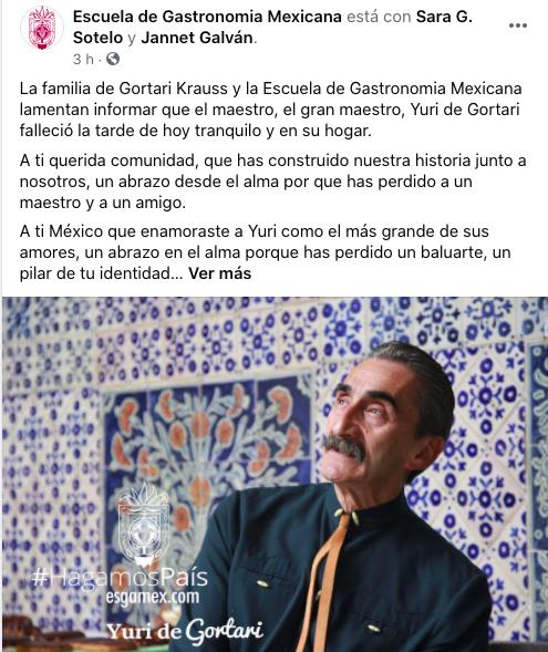 Muere el chef Yuri de Gortari, fundador de la Escuela de Gastronomía Mexicana
