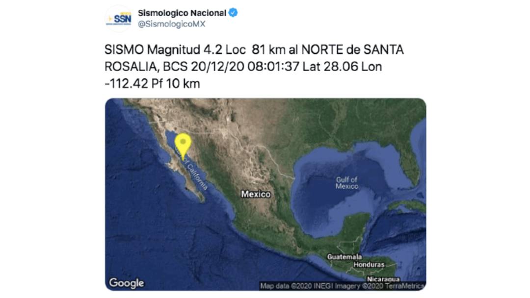 El Sismológico Nacional reportó un sismo magnitud 4.2 en Baja California Sur