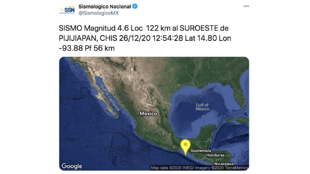 El Servicio Sismológico Nacional reportó un sismo magnitud 4.6 con epicentro en Pijijiapan, Chiapas