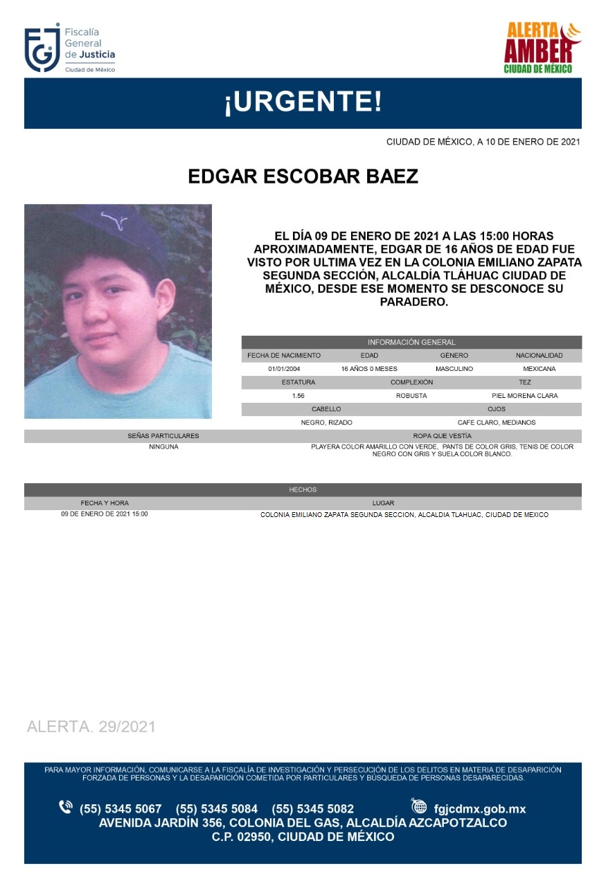 Activan Alerta Amber para localizar a Edgar Escobar Báez