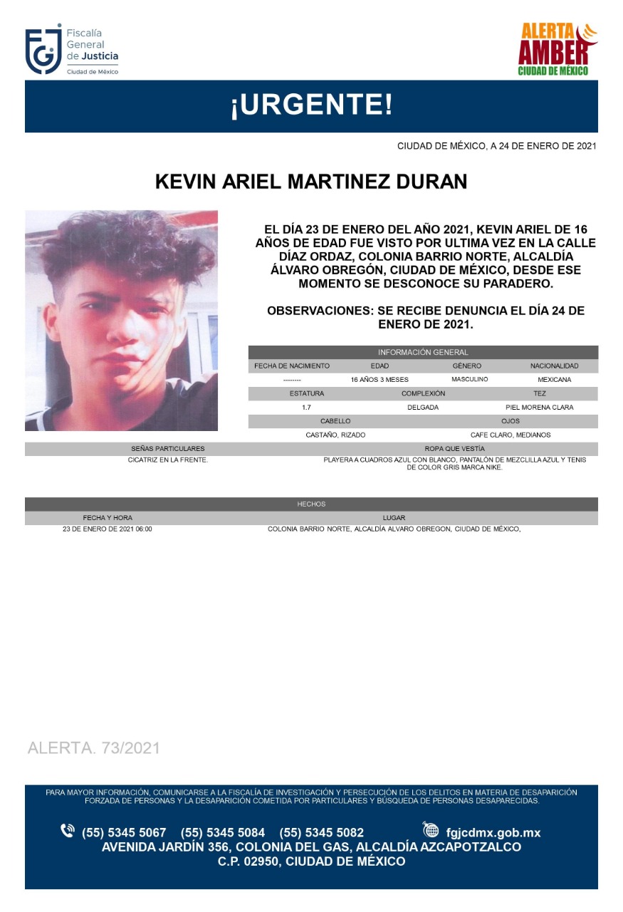 Activan Alerta Amber para localizar a Kevin Ariel Martínez Durán