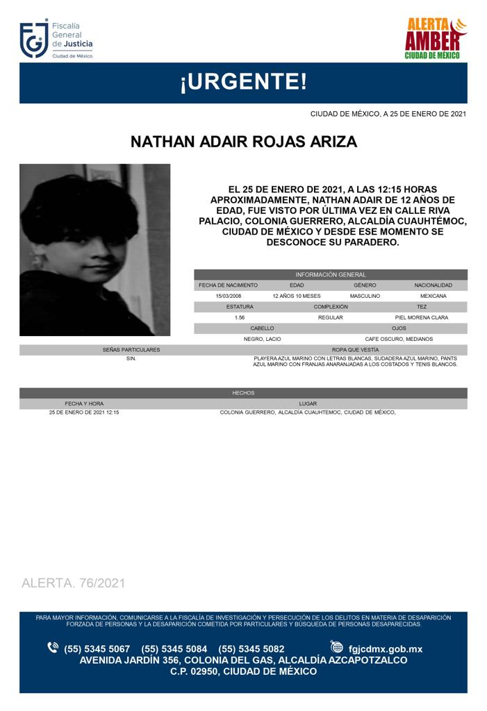 Activan Alerta Amber para localizar a Nathan Adair Rojas Ariza