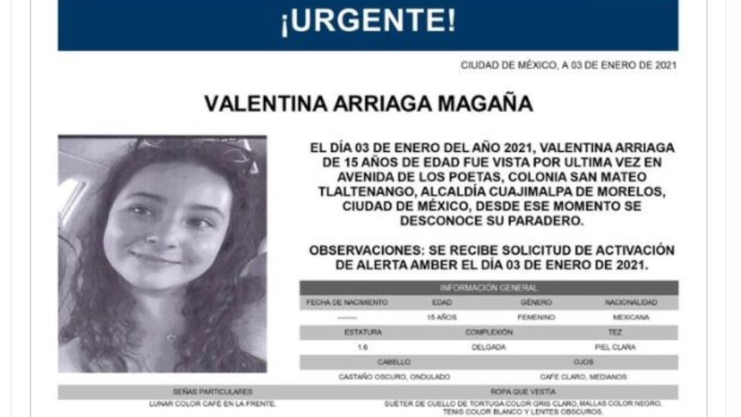 Activan Alerta Amber para localizar a Valentina Arriaga Magaña