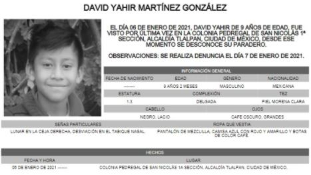 Activan Alerta Amber para localizar a David Yahir Martínez González