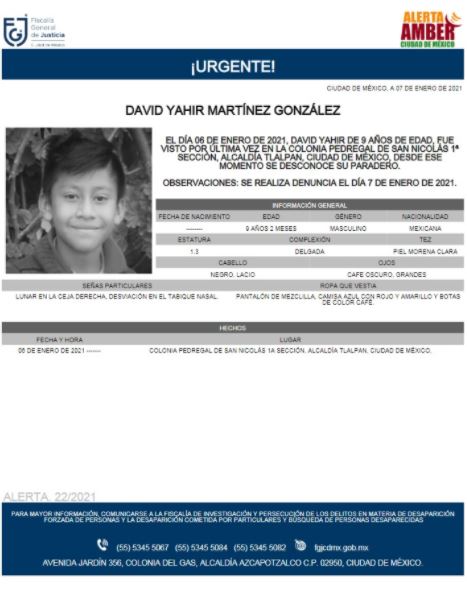 Activan Alerta Amber para localizar a David Yahir Martínez González
