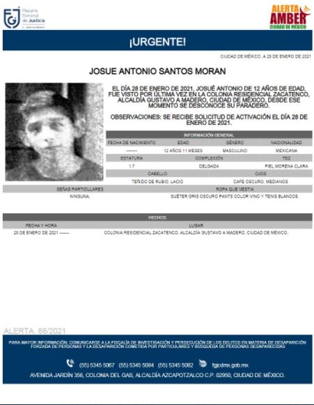 Activan Alerta Amber para localizar a Josue Antonio Santos Moran