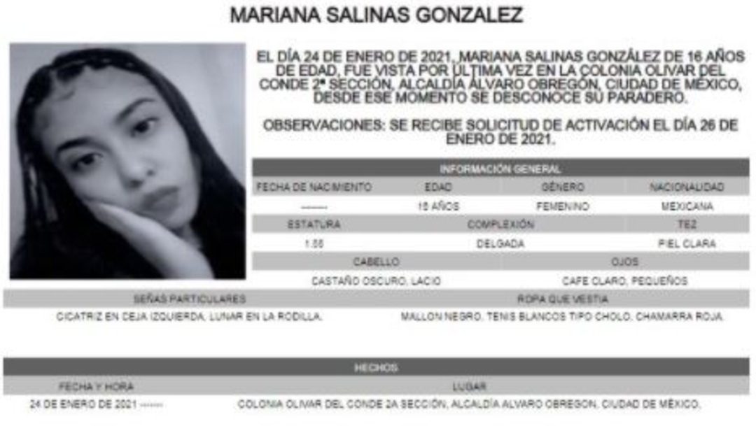 Activan Alerta Amber para localizar a Mariana Salinas González