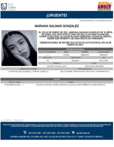 Activan Alerta Amber para localizar a Mariana Salinas González