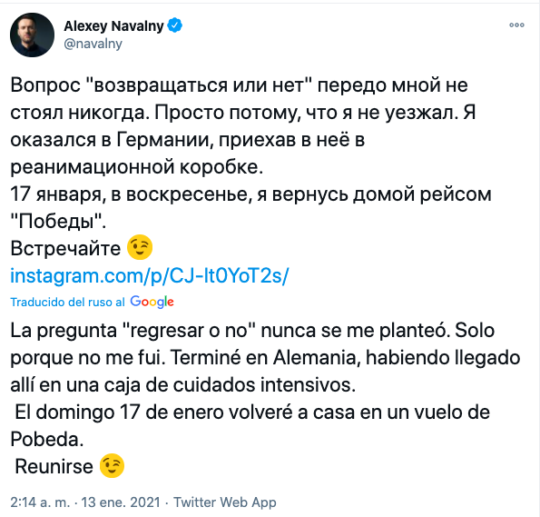 Alexéi Navalny anuncia que regresará a Rusia el próximo 17 de enero