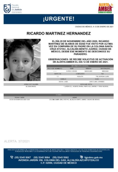 Activan Alerta Amber para localizar a Ricardo Martínez Hernández