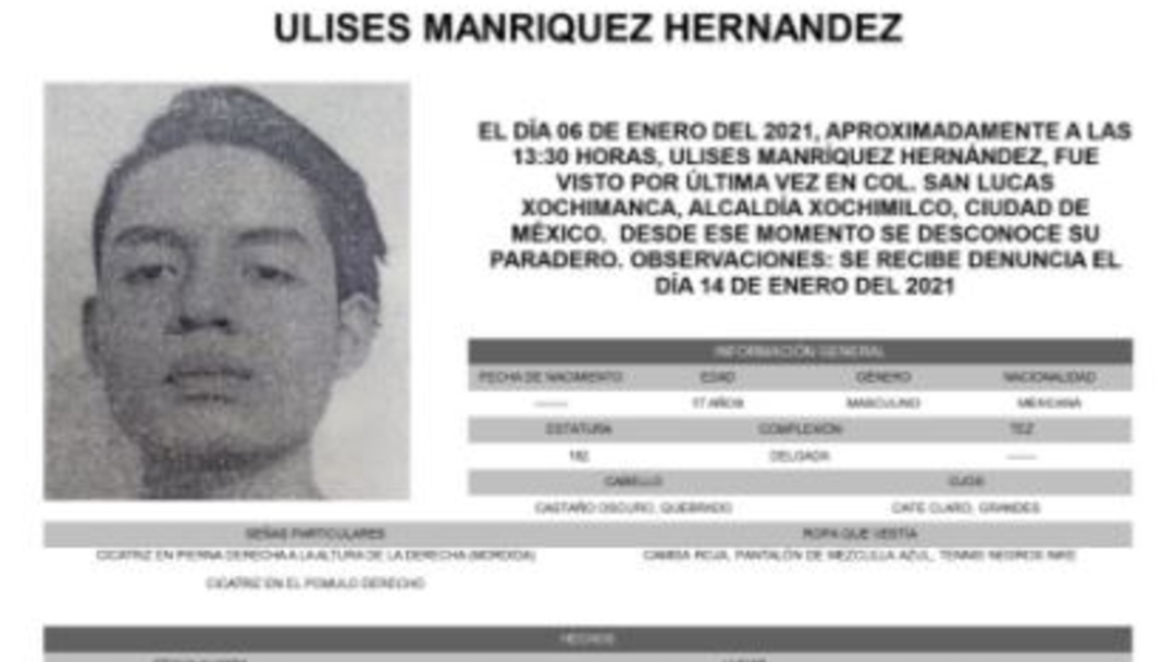 Activan Alerta Amber para localizar a Ulises Manríquez Hernández