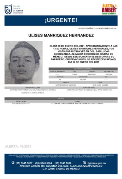 Activan Alerta Amber para localizar a Ulises Manríquez Hernández