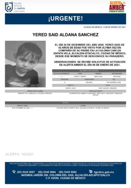 Activan Alerta Amber para localizar a Yered Said Aldana Sánchez