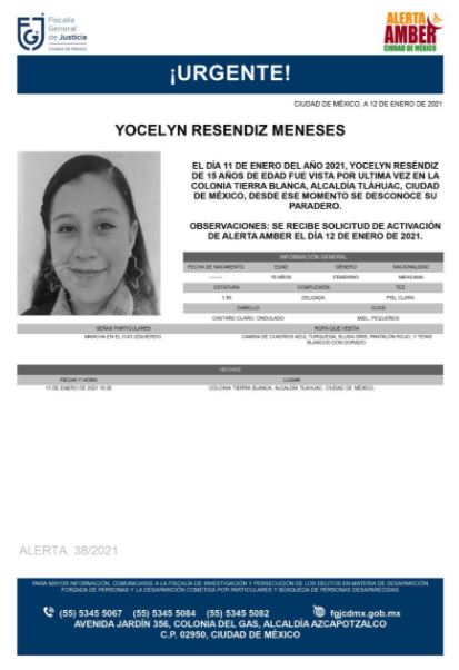 Activan Alerta Amber para localizar a Yocelyn Reséndiz Meneses.