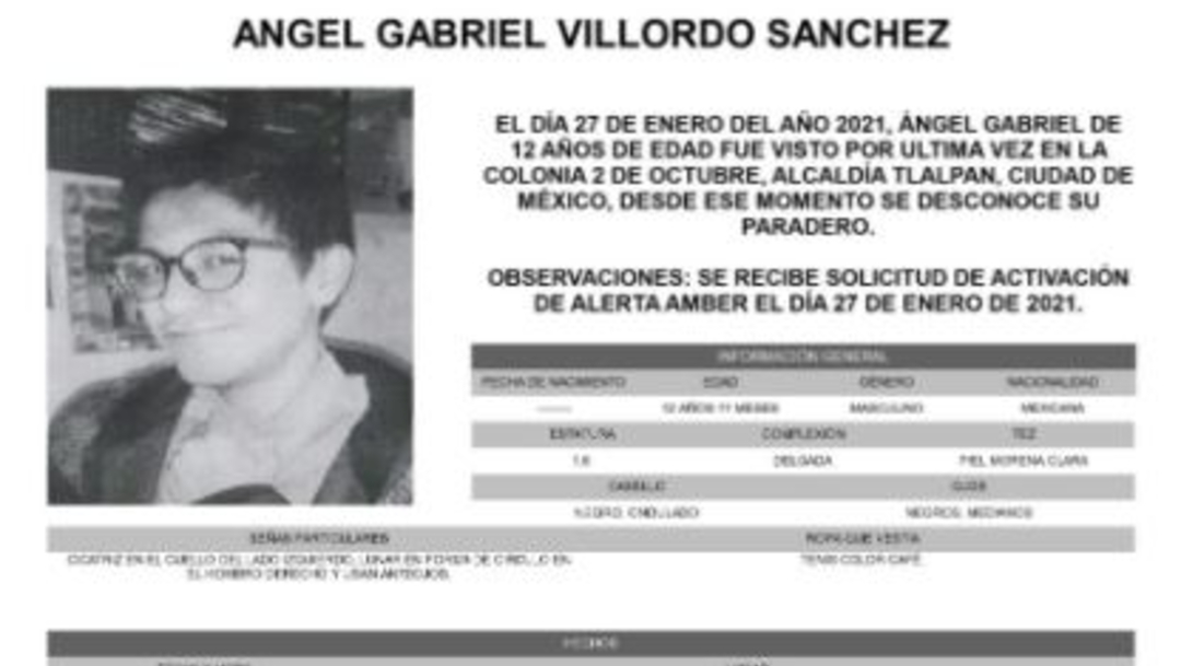 Activan Alerta Amber para localizar a Ángel Gabriel Villordo Sánchez