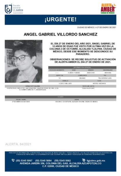  Activan Alerta Amber para localizar a Ángel Gabriel Villordo Sánchez