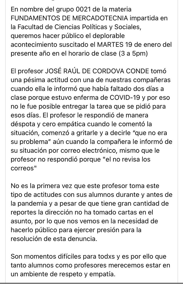 Video muestra a un maestro de la UNAM siendo poco empático con alumna contagiada de COVID-19
