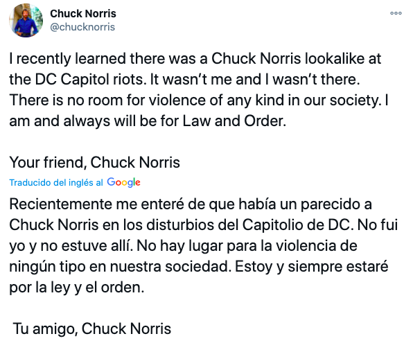 'No fui yo, no estuve en los disturbios del Capitolio', afirma Chuck Norris