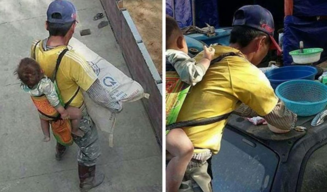 Albañil carga a su hijo en la espalda mientras trabaja