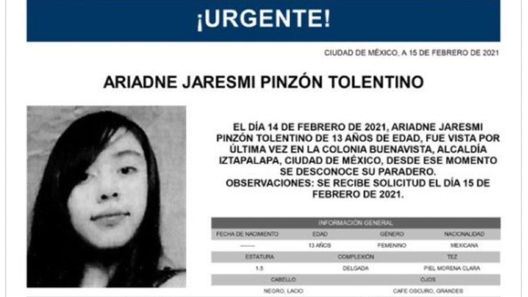 Activan Alerta Amber para localizar a Ariadne Jaresmi Pinzón Tolentino