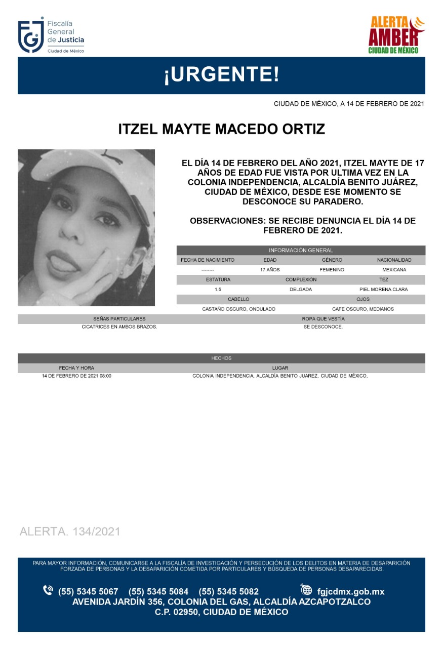 Activan Alerta Amber para localizar a Itzel Mayte Macedo Ortiz