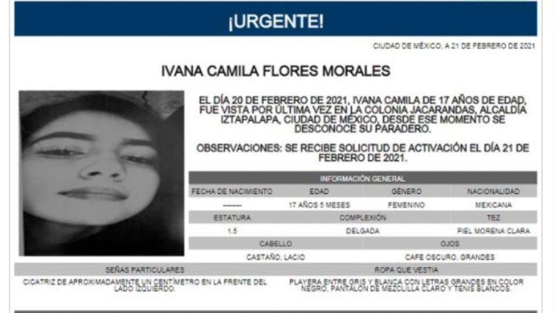 Activan Alerta Amber para localizar a Ivana Camila Flores Morales