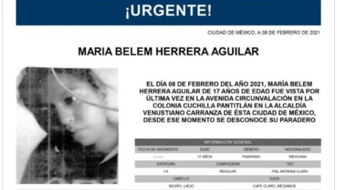 Activan Alerta Amber para localizar a María Belem Herrera Aguilar