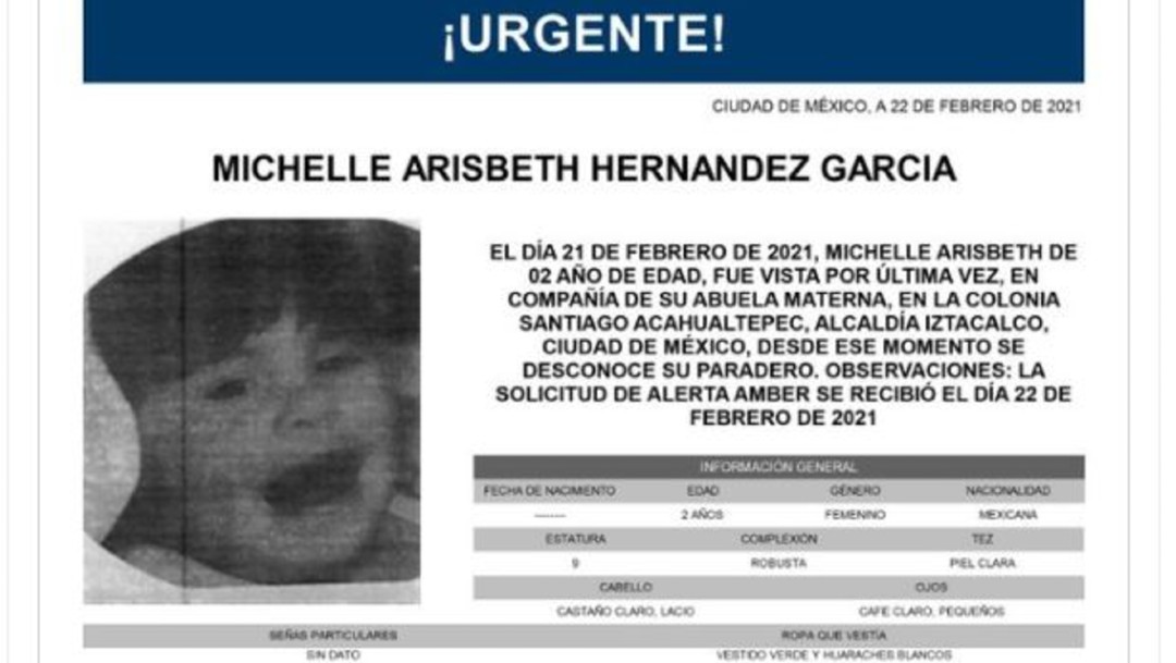 Activan Alerta Amber para localizar a Michelle Arisbeth Hernández García, de dos años de edad