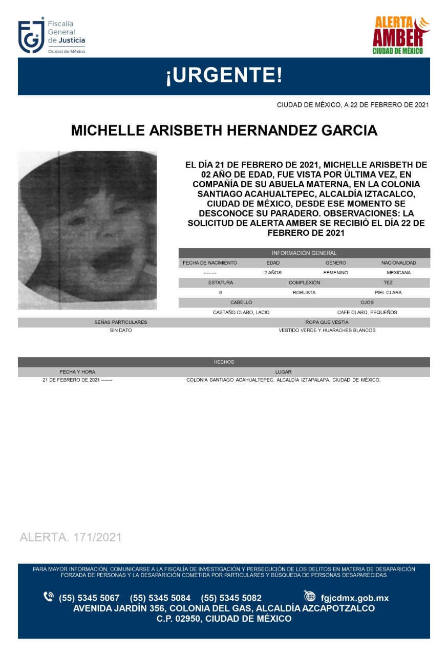 Activan Alerta Amber para localizar a Michelle Arisbeth Hernández García