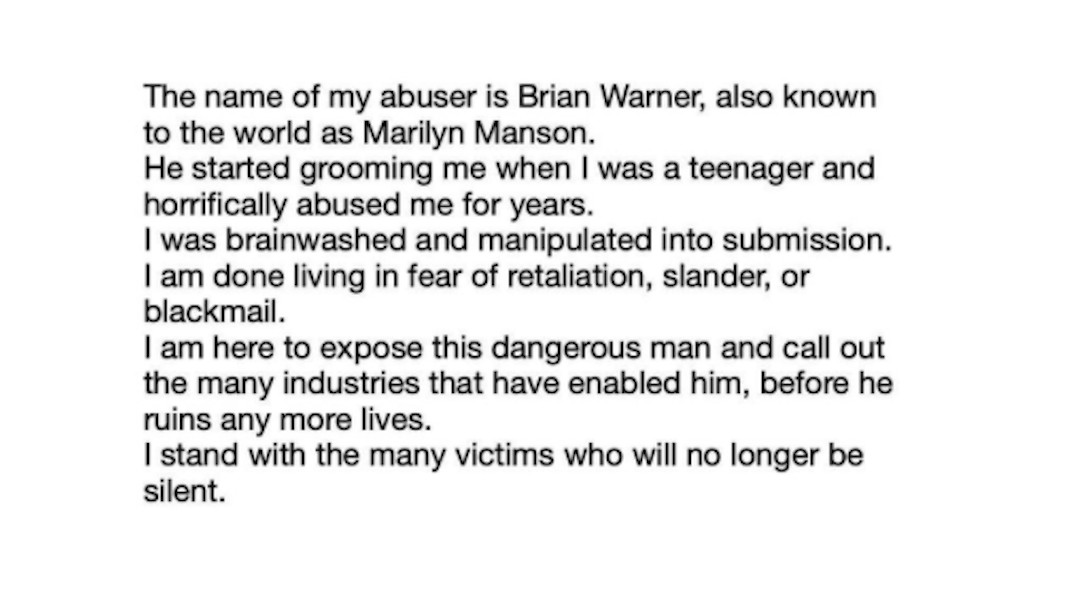 “El nombre de mi abusador es Brian Warner, también conocido en el mundo como Marilyn Manson”, escribió Wood. (Instagram: evanrachelwood)