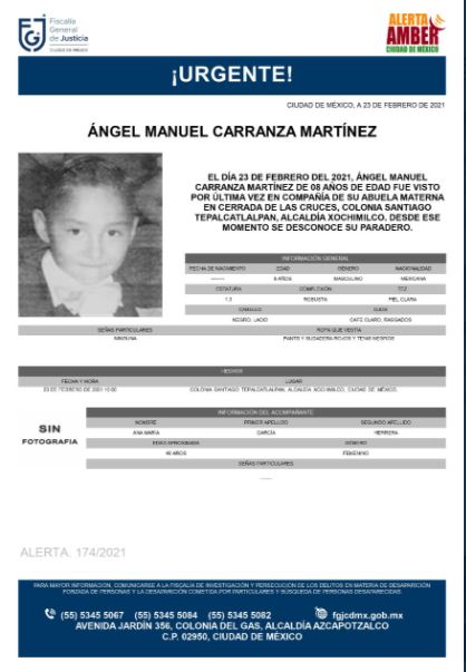 Activan Alerta Amber para localizar a Ángel Manuel Carranza Martínez