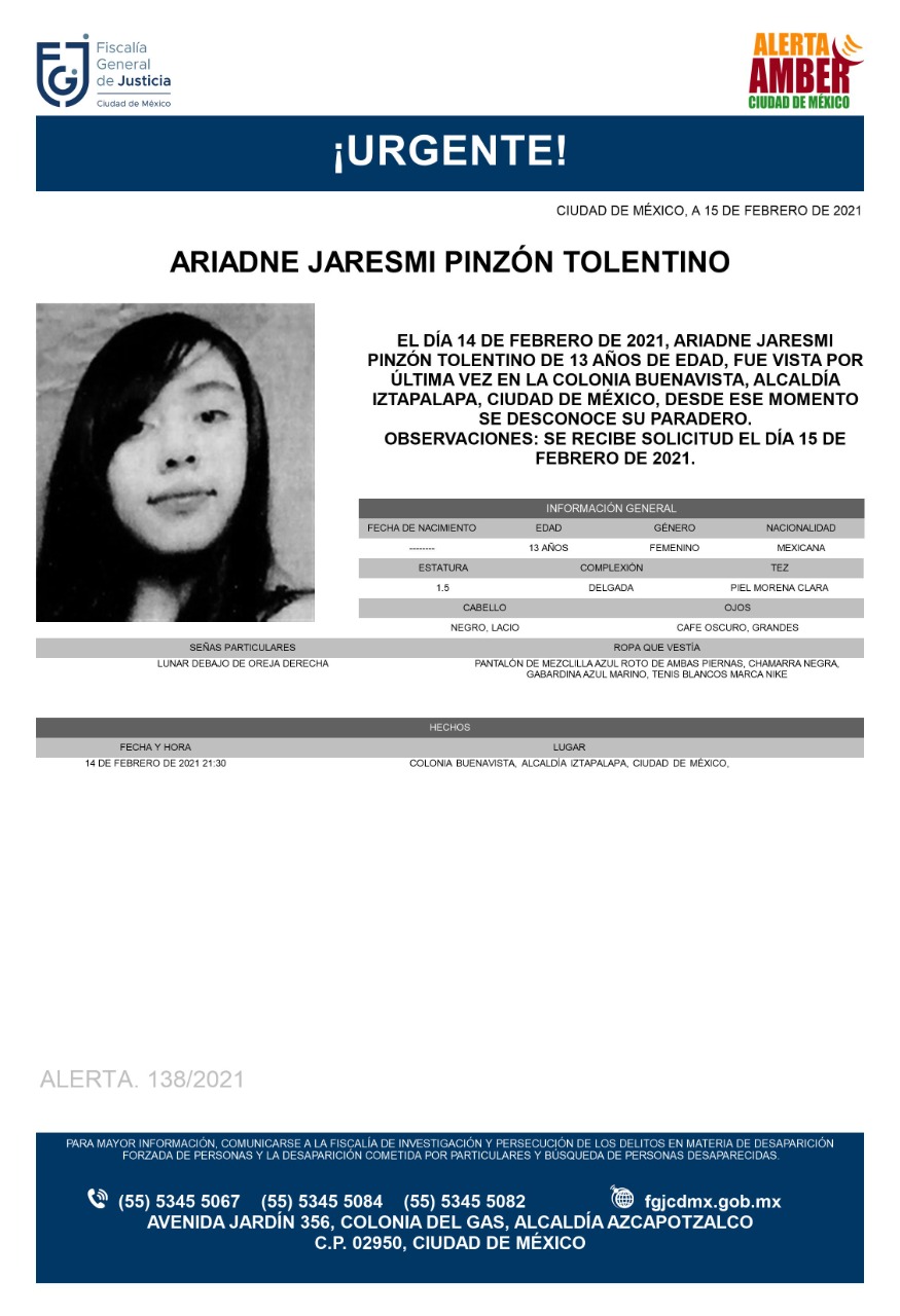 Activan Alerta Amber para localizar a Ariadne Jaresmi Pinzón Tolentino