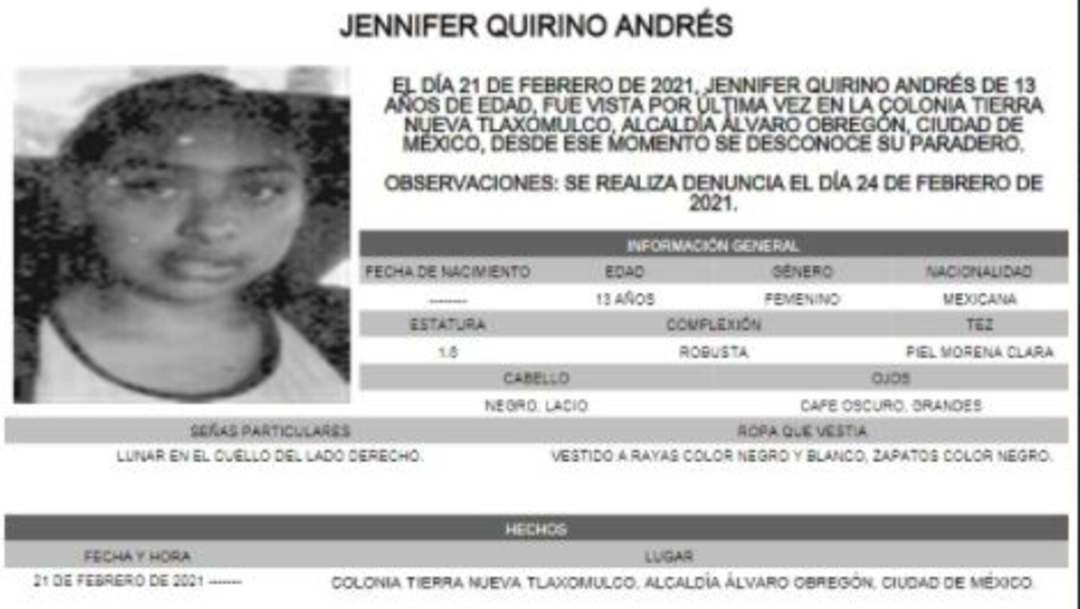 Activan Alerta Amber para localizar a Jennifer Quirino Andrés