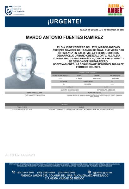 Activan Alerta Amber para localizar a Marco Antonio Fuentes Ramírez