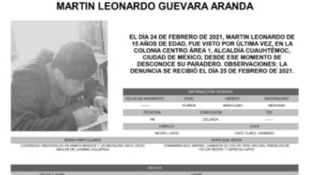 Activan Alerta Amber para localizar a Martín Leonardo Guevara Aranda.
