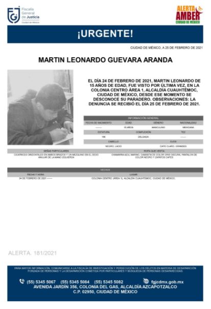 Activan Alerta Amber para localizar a Martín Leonardo Guevara Aranda