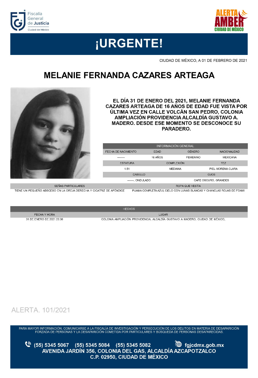 Activan Alerta Amber para localizar a Melanie Fernanda Cazares Arteaga