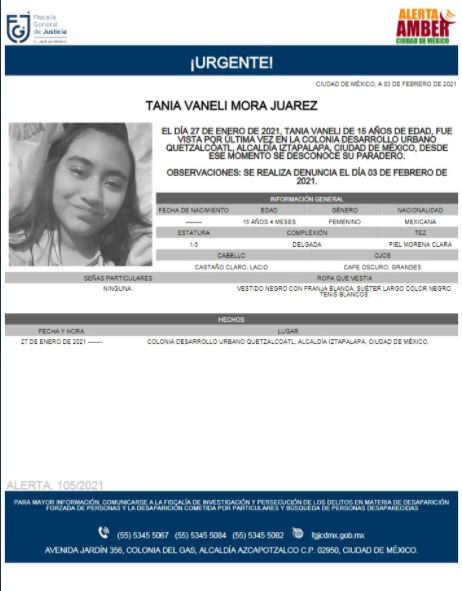 Activan Alerta Amber para localizar a Tania Vaneli Mora Juárez