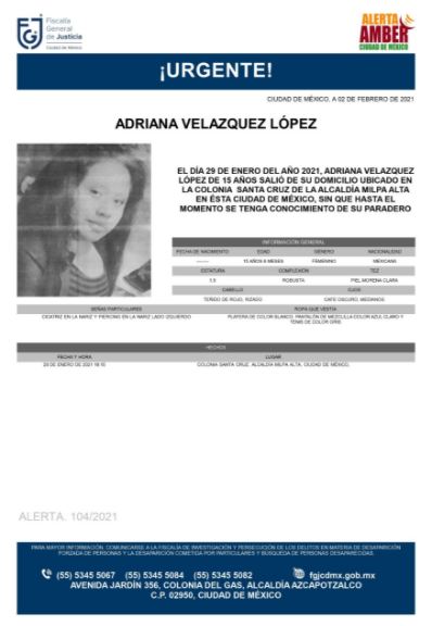 Activan Alerta Amber para localizar a Adriana Velázquez López