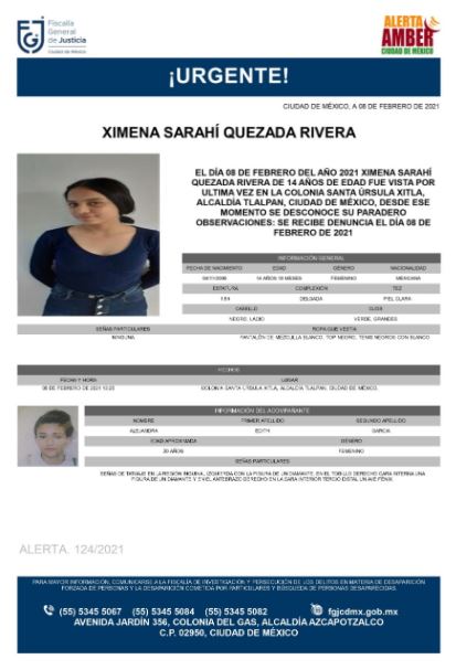 Activan Alerta Amber para localizar a Ximena Sarahí Quezada Rivera