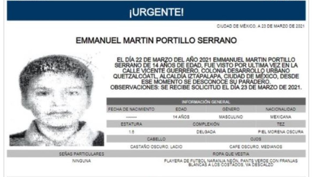 Activan Alerta Amber para localizar a Emmanuel Martín Portillo Serrano