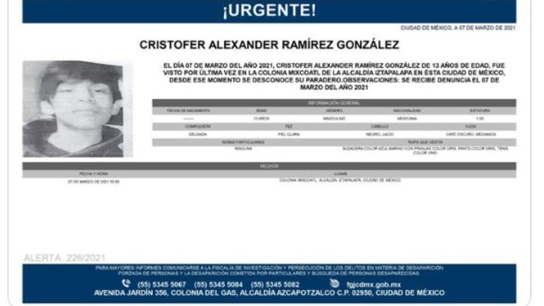 Activan Alerta Amber para localizar a Cristofer Alexander Ramírez González