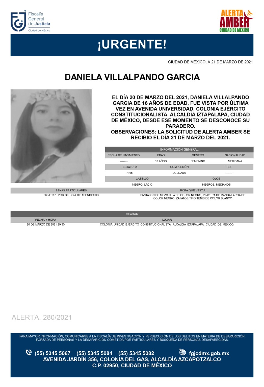 Activan Alerta Amber para localizar a Daniela Villalpando García