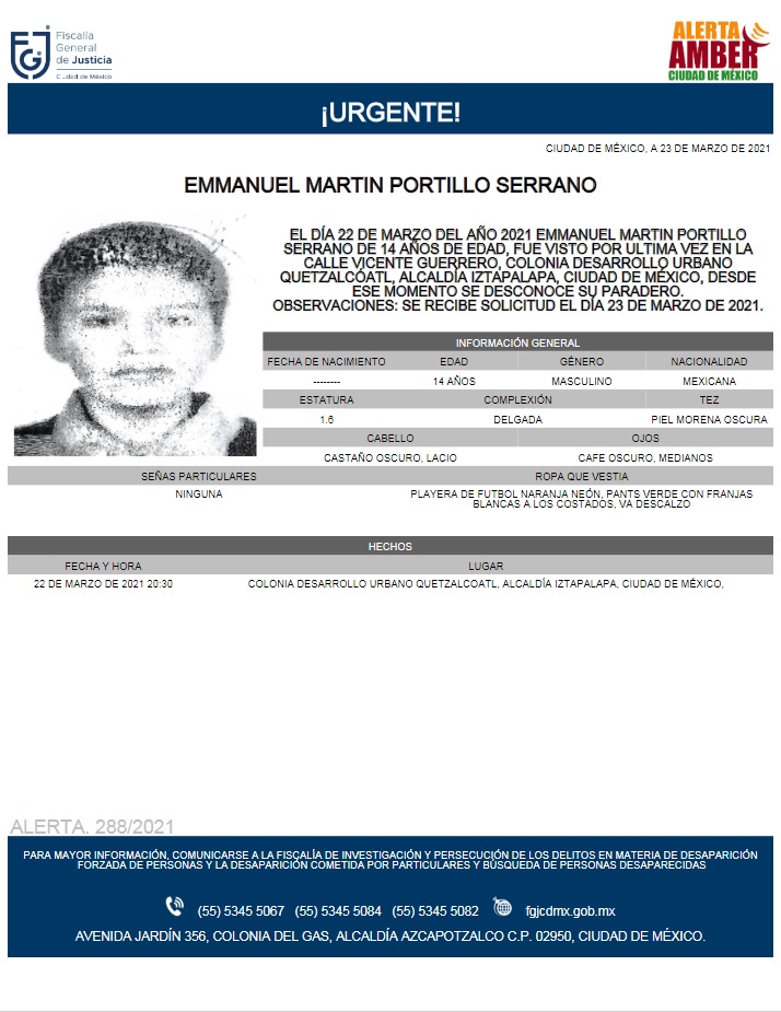 Activan Alerta Amber para localizar a Emmanuel Martín Portillo Serrano